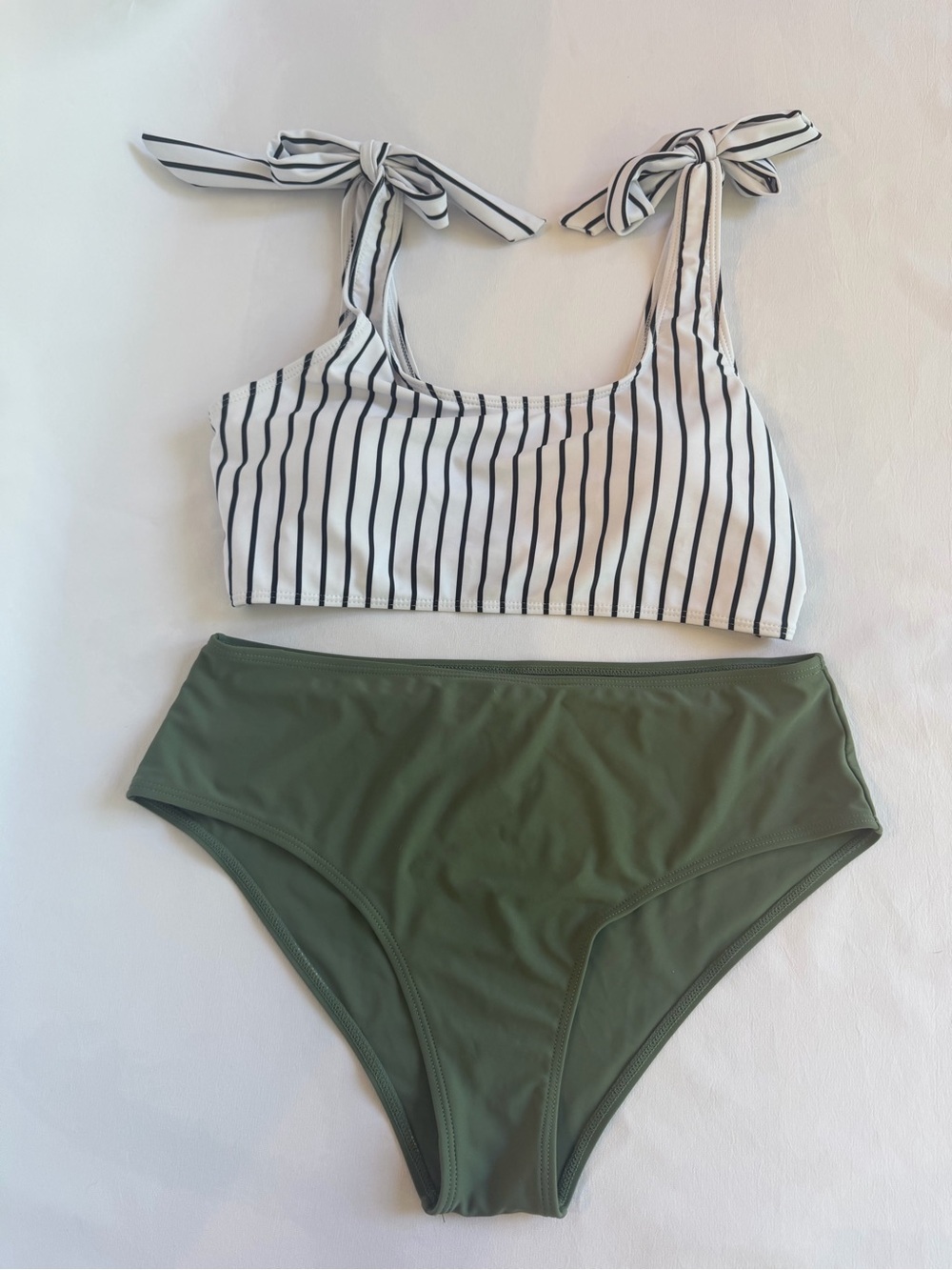 NWOT - SHEIN Olive High-Waist Bikini Bottom with B&W Striped Padded Top